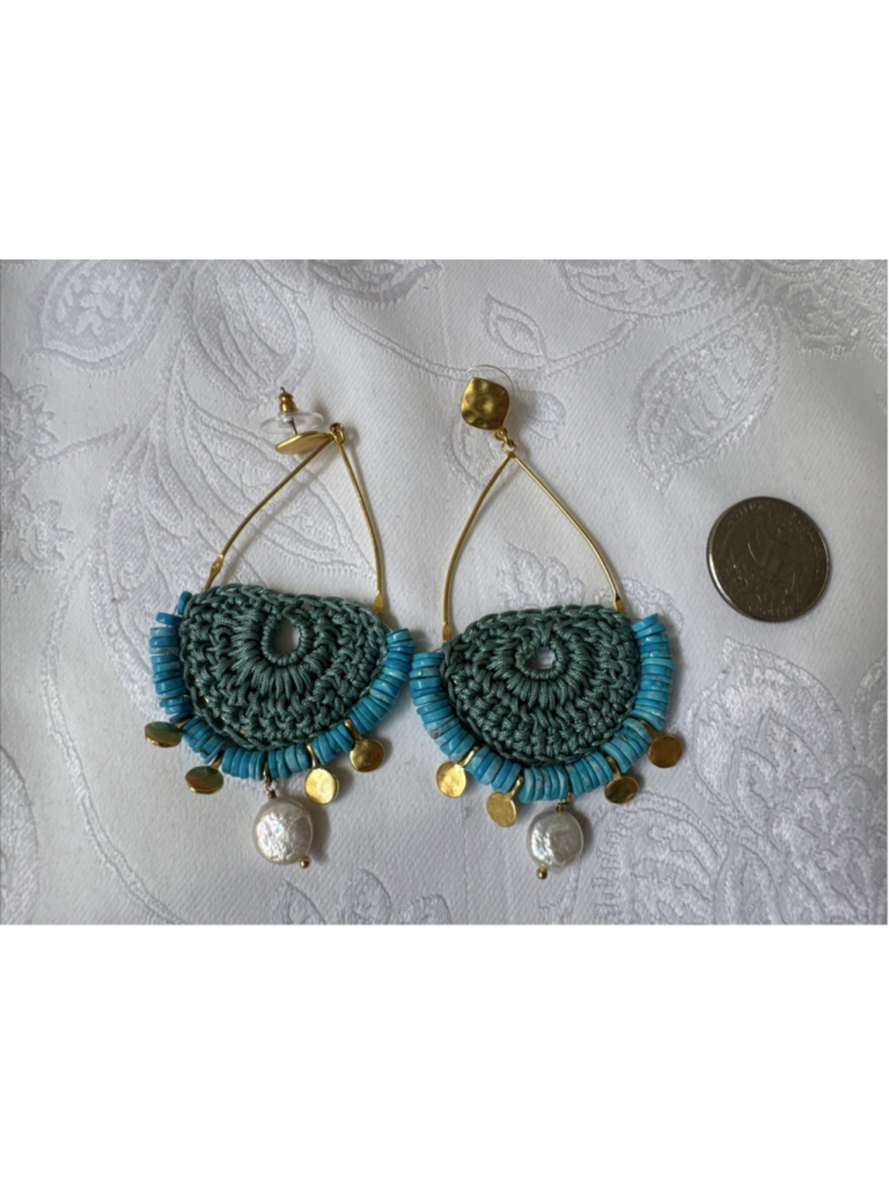 Sequin NYC Earrings Turquoise Blue Mother of Pearl Gold Dip Dangle Bohemian 3.2"